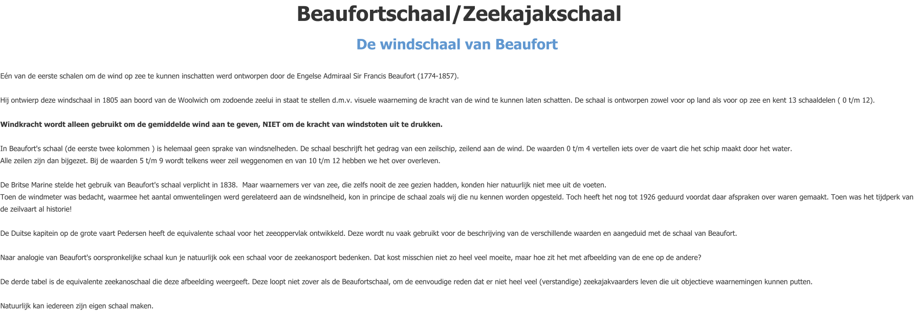 Beaufortschaal/Zeekajakschaal De windschaal van Beaufort   Eén van de eerste schalen om de wind op zee te kunnen inschatten werd ontworpen door de Engelse Admiraal Sir Francis Beaufort (1774-1857).   Hij ontwierp deze windschaal in 1805 aan boord van de Woolwich om zodoende zeelui in staat te stellen d.m.v. visuele waarneming de kracht van de wind te kunnen laten schatten. De schaal is ontworpen zowel voor op land als voor op zee en kent 13 schaaldelen ( 0 t/m 12).    Windkracht wordt alleen gebruikt om de gemiddelde wind aan te geven, NIET om de kracht van windstoten uit te drukken.    In Beaufort's schaal (de eerste twee kolommen ) is helemaal geen sprake van windsnelheden. De schaal beschrijft het gedrag van een zeilschip, zeilend aan de wind. De waarden 0 t/m 4 vertellen iets over de vaart die het schip maakt door het water. Alle zeilen zijn dan bijgezet. Bij de waarden 5 t/m 9 wordt telkens weer zeil weggenomen en van 10 t/m 12 hebben we het over overleven.   De Britse Marine stelde het gebruik van Beaufort's schaal verplicht in 1838.  Maar waarnemers ver van zee, die zelfs nooit de zee gezien hadden, konden hier natuurlijk niet mee uit de voeten.  Toen de windmeter was bedacht, waarmee het aantal omwentelingen werd gerelateerd aan de windsnelheid, kon in principe de schaal zoals wij die nu kennen worden opgesteld. Toch heeft het nog tot 1926 geduurd voordat daar afspraken over waren gemaakt. Toen was het tijdperk van de zeilvaart al historie!   De Duitse kapitein op de grote vaart Pedersen heeft de equivalente schaal voor het zeeoppervlak ontwikkeld. Deze wordt nu vaak gebruikt voor de beschrijving van de verschillende waarden en aangeduid met de schaal van Beaufort.  Naar analogie van Beaufort's oorspronkelijke schaal kun je natuurlijk ook een schaal voor de zeekanosport bedenken. Dat kost misschien niet zo heel veel moeite, maar hoe zit het met afbeelding van de ene op de andere?   De derde tabel is de equivalente zeekanoschaal die deze afbeelding weergeeft. Deze loopt niet zover als de Beaufortschaal, om de eenvoudige reden dat er niet heel veel (verstandige) zeekajakvaarders leven die uit objectieve waarnemingen kunnen putten.  Natuurlijk kan iedereen zijn eigen schaal maken.